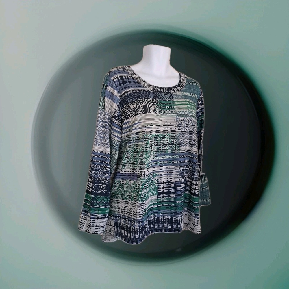 CJ Banks Popover Tunic Top 2X Blue Green Abstract Print Long Sleeve Pullover Art